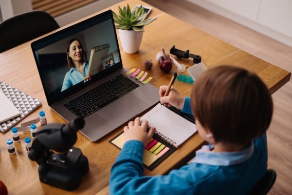 Online learning using laptop, teacher and boy